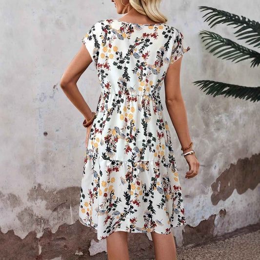 Women's Floral Print Casual Short-Sleeve Crew-Neck Dress – Japanese/Korean Casual Style