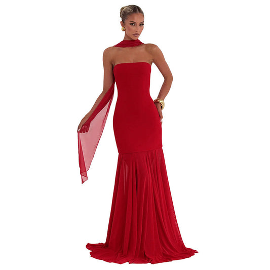 Women's Sleeveless Chiffon Tube Top Dress With Ribbons – Elegant Floor-Length Dress