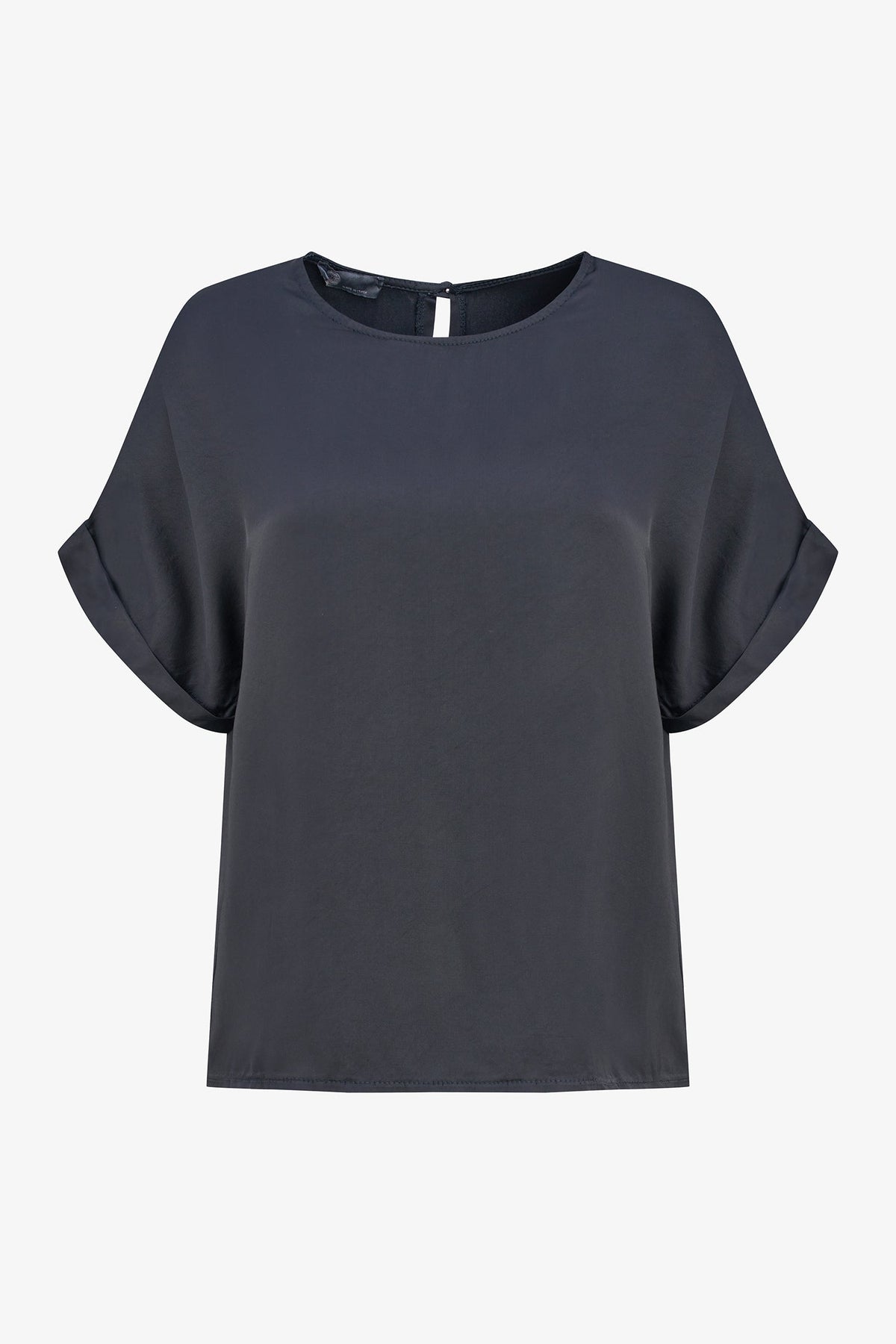 Women's Woven Crew-Neck Top, Short Cuffed Sleeves & Back Button