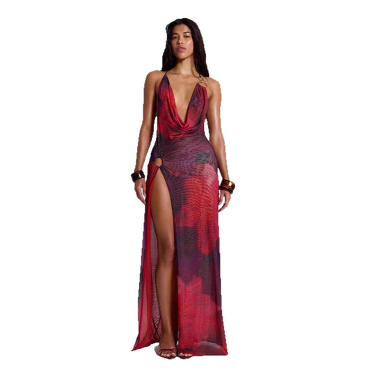 French-Style Printed Deep Halter Neck Backless Waist-Cinching Dress
