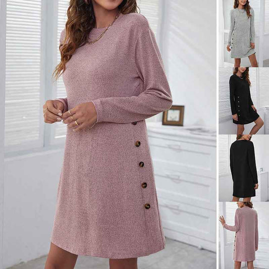 Women's Long-Sleeve Round-Neck Dress – Casual Loose Solid Color Fall & Spring Dress