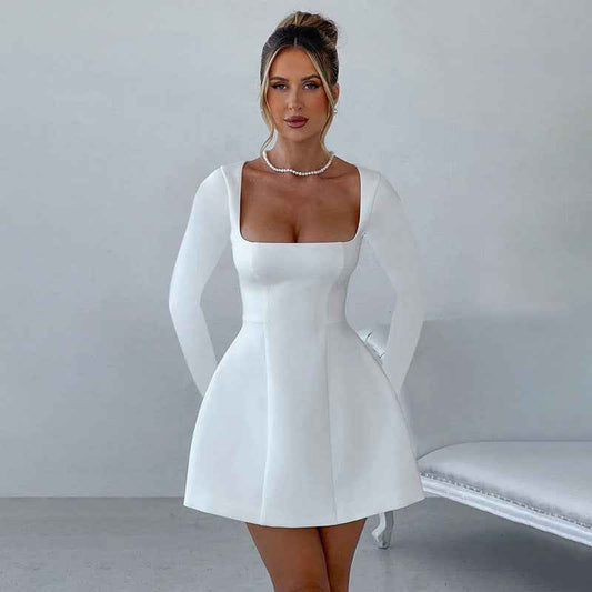 Women's Slim-Fit Square-Neck Long-Sleeve Dress – Elegant High-Waist Pullover Dress