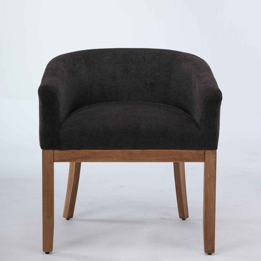 Mid-Century Modern Barrel Dining Chair with Arms – Black Upholstered Linen Accent Chair with Natural Rubberwood Frame (United States Delivery Only)