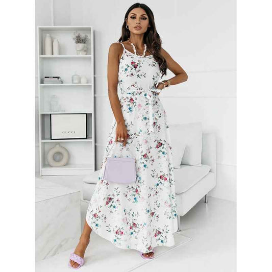 Women's Printed Suspender Belted Irregular Hem Dress