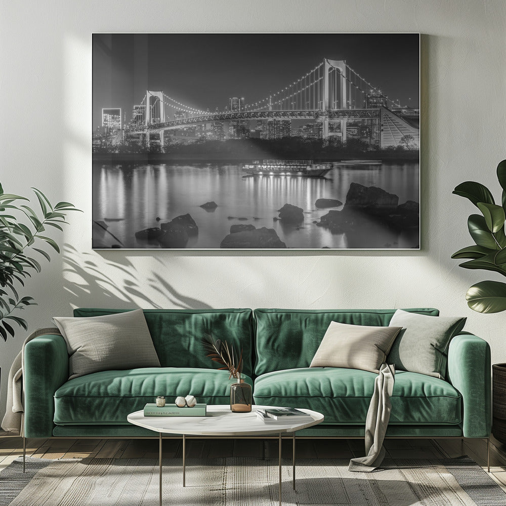 Wall art Gorgeous Rainbow Bridge with Tokyo Skyline in the evening - monochrome