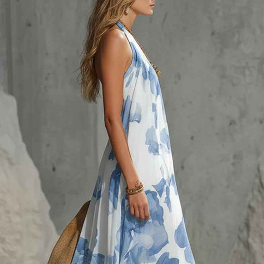 Vintage-Inspired Holiday Maxi Dress – Women's Blue Chiffon Oversized Print Dress