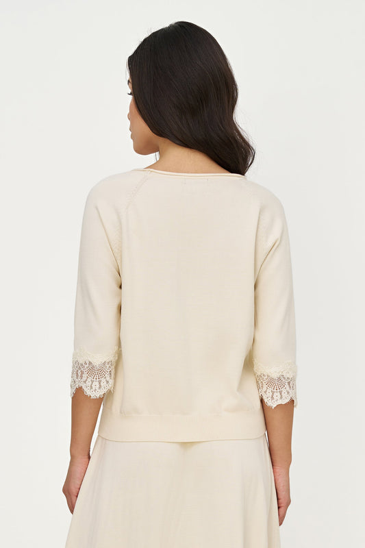 Women's Fine Knit Crew-Neck Sweater, 3/4 Raglan Sleeves & Lace Cuffs