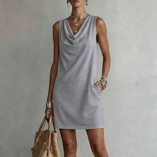 Women's Elegant Summer Dress – Draped Cowl Neck Slim Fit Midi Dress