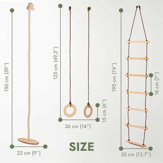 3in1 Swings Set: Rope Ladder + Gymnastic Rings + Disc Rope Swing