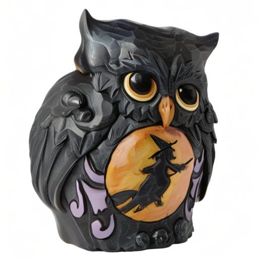Enesco Jim Shore Miniature Black Owl with Witch Scene Mini Halloween Figurine 3.75 Inch, Gold