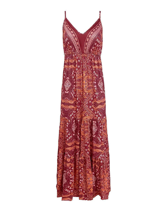 Women's Summer Boho Floral Print High-Waist V-Neck Spaghetti Strap Loose Maxi Dress