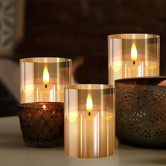 Glass Battery Operated LED Flameless Candles with Remote and Timer, Real Wax Candles Warm Color Flickering Light for Festival Wedding Home Party Decor(Pack of 3)-Gold 🍁 All In One Marketplace Canada