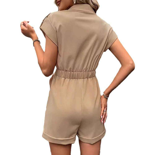 Women's Summer High-Waist Lapel Jumpsuit with Tie and Pockets