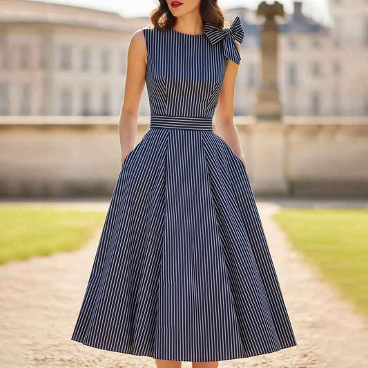 French-Style Vintage Striped Sleeveless High-Waisted Long Dress