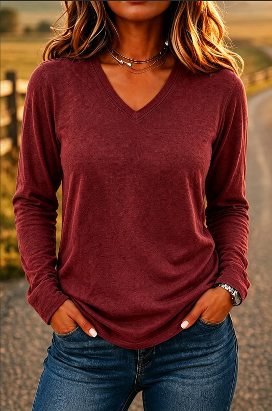 Women’s V-Neck Loose-Fit Long Sleeve T-Shirt – Solid Color Casual Pullover Top