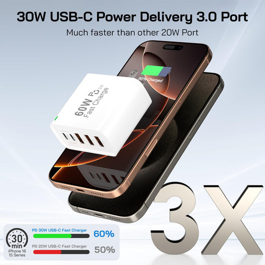 2Pack USB C Fast Charger Block, Total 60W 5-Port USB C Wall Charger 30W Type C Charging Block, 2USB C+3USB A PD 3.0 Multiport Charging Cube for iPhone 17 16 15 14 Pro Max, G-alaxy S26 S25 Ultra, i Pad 🍁 All In One Marketplace Canada