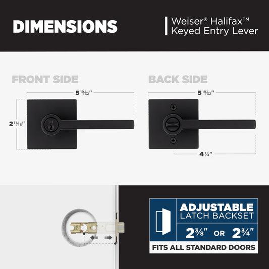 Weiser Halifax Matte Black Front Door Handle with Lock, Reversible Square Exterior/Interior Door Handles with Lock, Keyed Entry Door Lever for Front Door, Bedroom, Bathroom & Office, Modern Home Decor 🍁 All In One Marketplace Canada