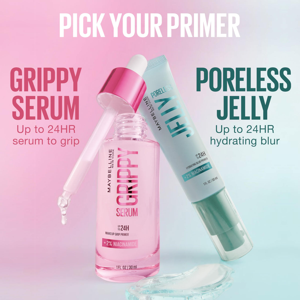 Maybelline Grippy Serum Primer, Hydrating Makeup Primer with 2% Niacinamide For Up To 24HR Make Up Wear, Glides Like Serum, Plumped Skin Look, Clear, 30 ml ๐ All In One Marketplace Canada