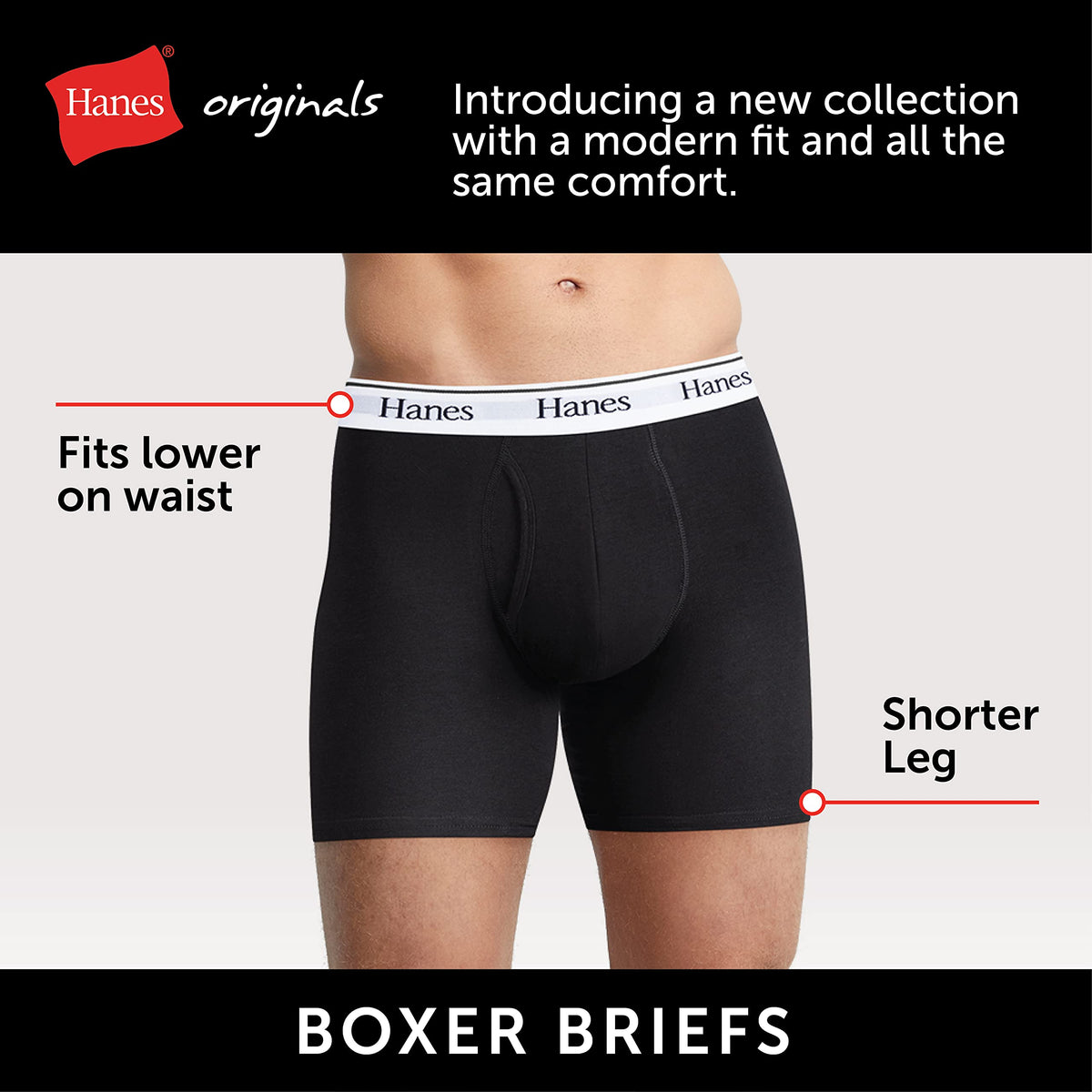 Hanes Originals Men's Boxer Briefs, Stretch Cotton Moisture-Wicking Underwear, Modern Fit Low Rise, Pack of 4, Grey/Black assortement, Size Large 🍁 All In One Marketplace Canada
