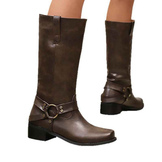 Women’s Square Toe Mid-Calf Boots – Stylish Suede Denim Boots for Fall & Winter