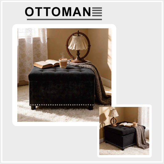 Black Tufted Storage Ottoman – Square Upholstered Footstool with Nailhead Trim & Hidden Storage (Deliver to United States Only)