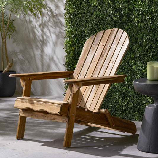 Folding Adirondack Chair – Teak Acacia Wood Outdoor Lounge Chair with Wide Armrests & Slatted Back