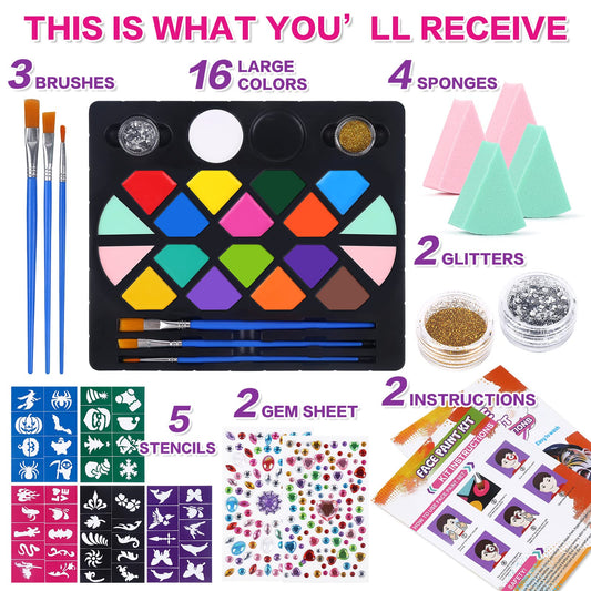 BOBISUKA Face Painting Kit for Kids - 16 Colors Water Based Body Face Paint Includes Brushes,Sponges,Glitters,Gem Sheet,Instructions,Stencils for Halloween Party Costume SFX Makeup 🍁 All In One Marketplace Canada