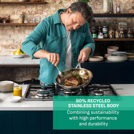 Jamie Oliver by Tefal Cook Smart Frying Pan 9.4 in / 24 cm, Uncoated Stainless Steel, Robust, Fast Heating, Even Cooking, Riveted Handle, Induction Safe, Oven and Dishwasher Safe 🍁 All In One Marketplace Canada