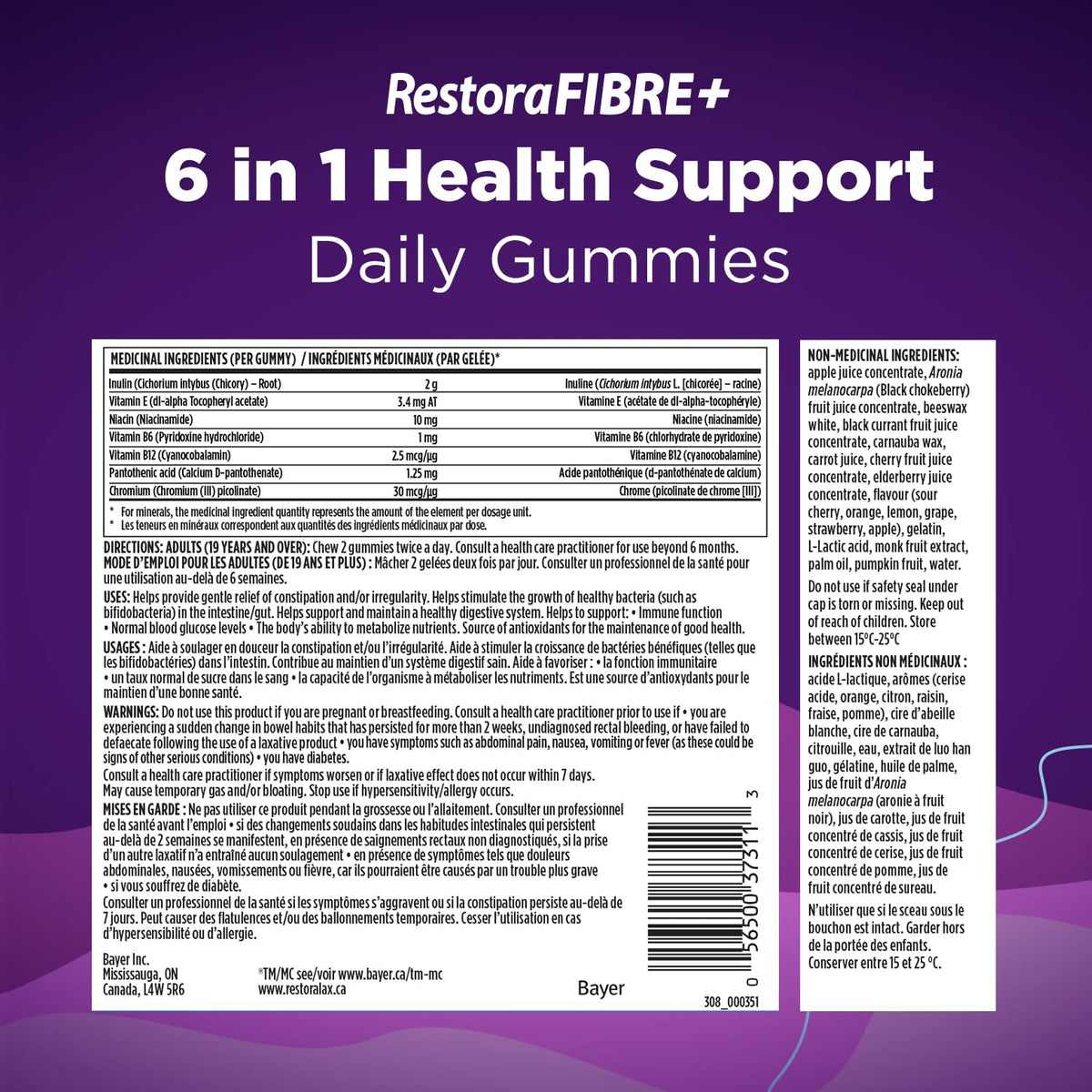 RestoraLAX RestoraFIBRE+ 6 in 1 Daily Prebiotic Fibre Supplement Gummies for Adults, Supports Health Benefits, including Regularity, Gentle Constipation Relief & Healthy Immune Function with Naturally Sourced Inulin (115 ea)