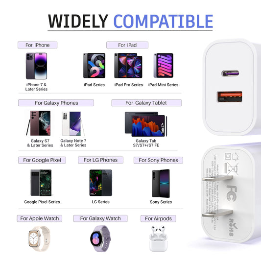 3-Pack USB C Block, 20W Dual Port PD+QC, USB C Charger Wall Adapter, Fast Type C Charging Plug Compatible with iPhone 17,16,15,14,13,12,11, Pro Max, X, XS, Galaxy Phone 🍁 All In One Marketplace Canada