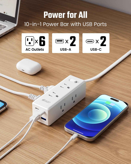 10 Ft Extension Cord, Surge Protector Power Bar with 6 Outlets & 4USB Ports (2 USB 2 C), Mountable Flat Plug Power Strip, Surge Protection for Home, Office, Dorm 🍁 All In One Marketplace Canada