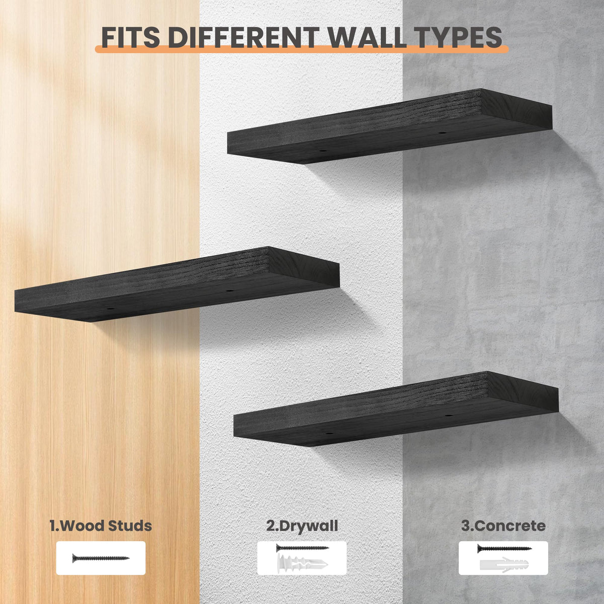 upsimples 16.5" L Black Wooden Floating Shelves with Invisible Brackets, Wall Mounted Modern Wood Shelves Set of 3, for Bathroom Bedroom ๐ All In One Marketplace Canada
