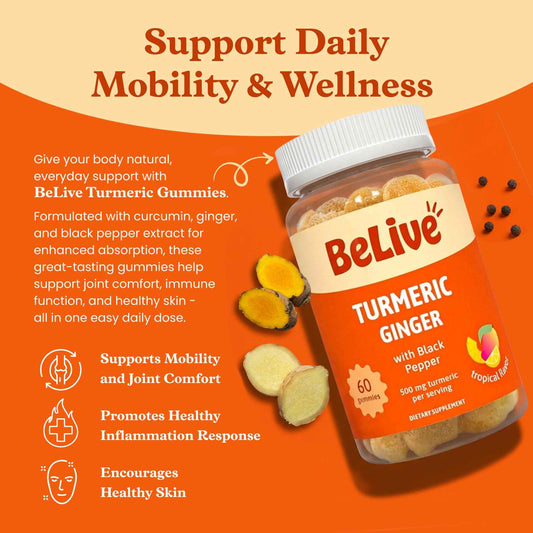 BeLive Turmeric Curcumin with Black Pepper & Ginger - 60 Gummies I Turmeric and Ginger Supplement for Immune Support, Healthy Skin, and Mobility - Tropical Flavor 🍁 All In One Marketplace Canada