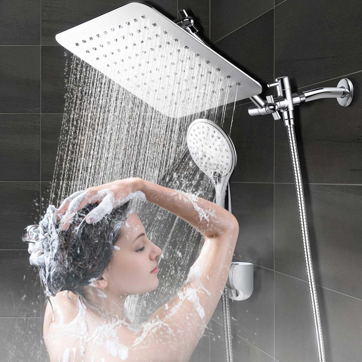 COSYLAND Rain Shower Head with Handheld - 304 Stainless Steel High Pressure 8 inch Square Rainfall Showerhead Combo with 3 Spray Mode 11 inch Extension Adjustable Arm & 60 inch Hose - Chrome đ All In One Marketplace Canada