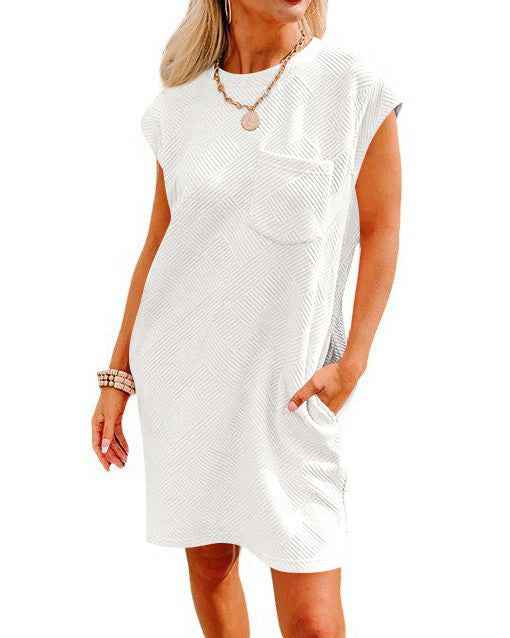 Summer Round-Neck Short-Sleeve Dress with Pockets – Casual Loose A-Line Sports Dress for Women