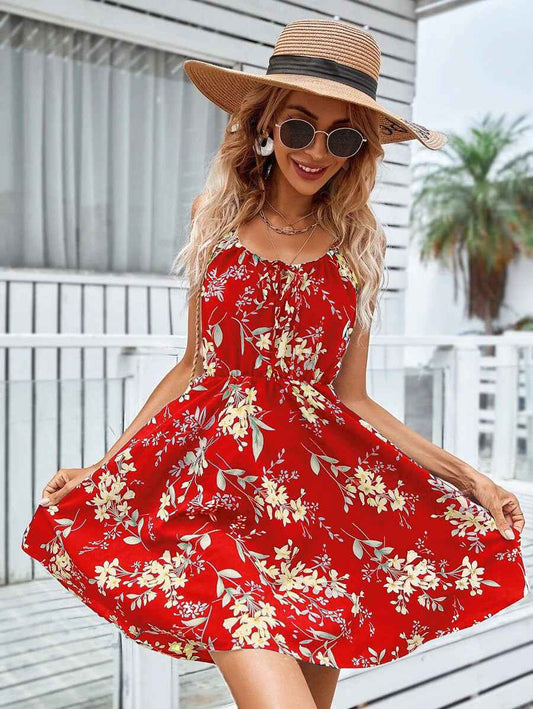 Floral Print Suspender Dress with Elastic Waist – Fashionable Summer Short Dress for Women