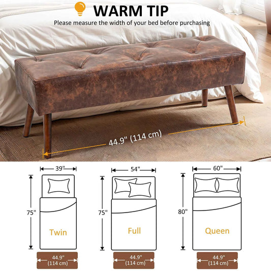 Brown Bedroom Bench – Button-Tufted PU Leather End-of-Bed & Entryway Bench (United States & Canada Delivery Only)