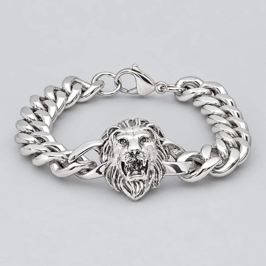 Men’s Stainless Steel Lion Head Cuban Link Bold Biker Bracelet