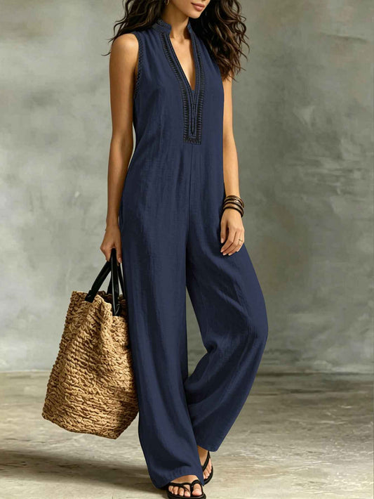 Women’s Sleeveless Stand Collar Jumpsuit – V-Neck Lace Trim Wide-Leg Pants with Pockets