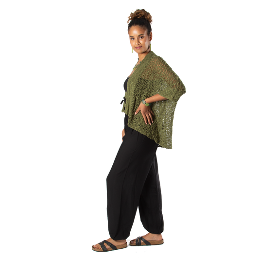 Popcorn Knit Short Sleeve Cardigan - Sage Green