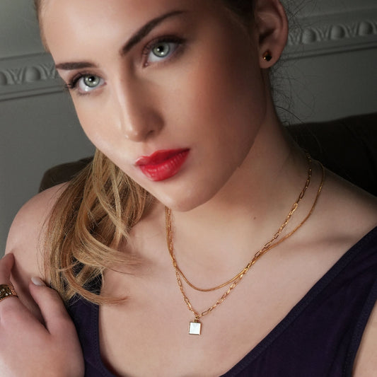 Style ANNABELLA: Minimalist Metal & Shell Square Pendant on a Paper-Clip Chain Necklace.