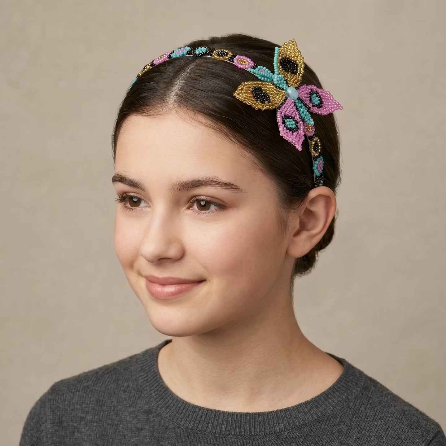 Beaded Headband with Butterfly Pink