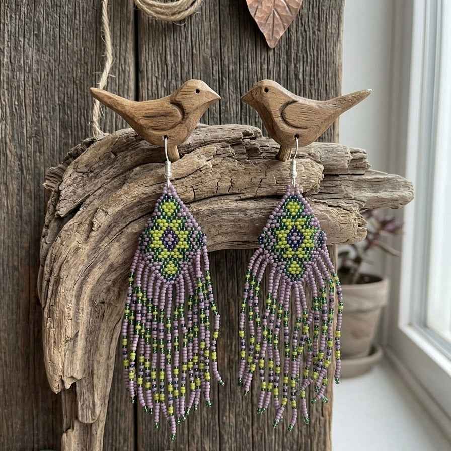 Fringe Bead Drop Earrings (Purple)