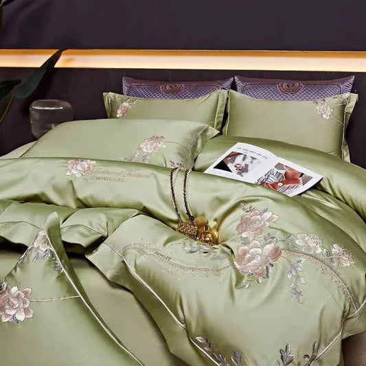 Eternal Bloom Embroidered 1000 TC Egyptian Cotton Duvet Set - Jade Green/Blush/Steel Blue