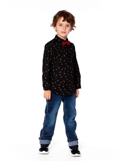 Printed Poplin Shirt Black And Multicolor With Bow Tie