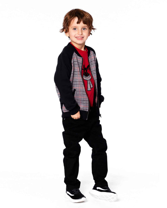Bi-Material Zip Front Jacket Gray And Black Plaid