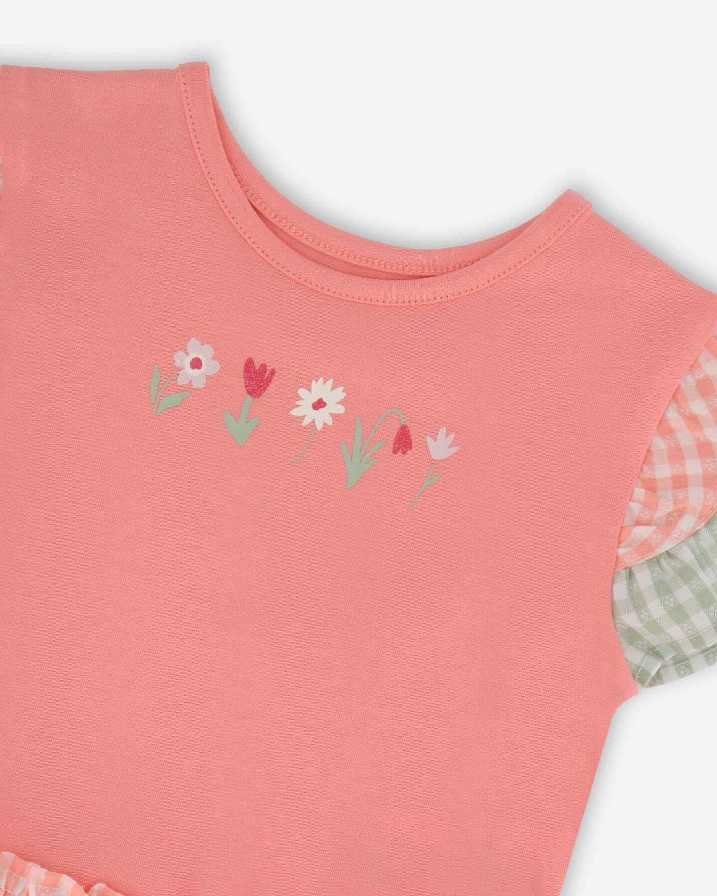 Organic Cotton Bi-Material Dress Coral And Gingham