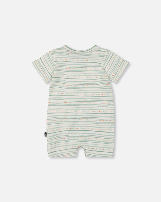 Organic Cotton Romper White Printed Mint Green Lines