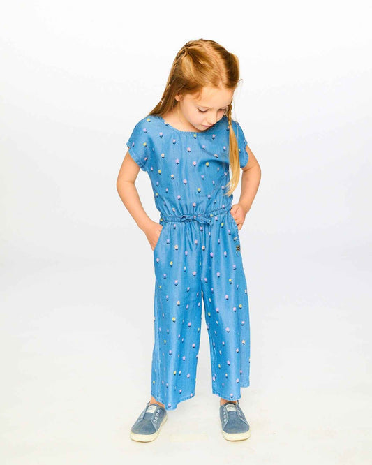 Chambray Jumpsuit Blue Flower Print