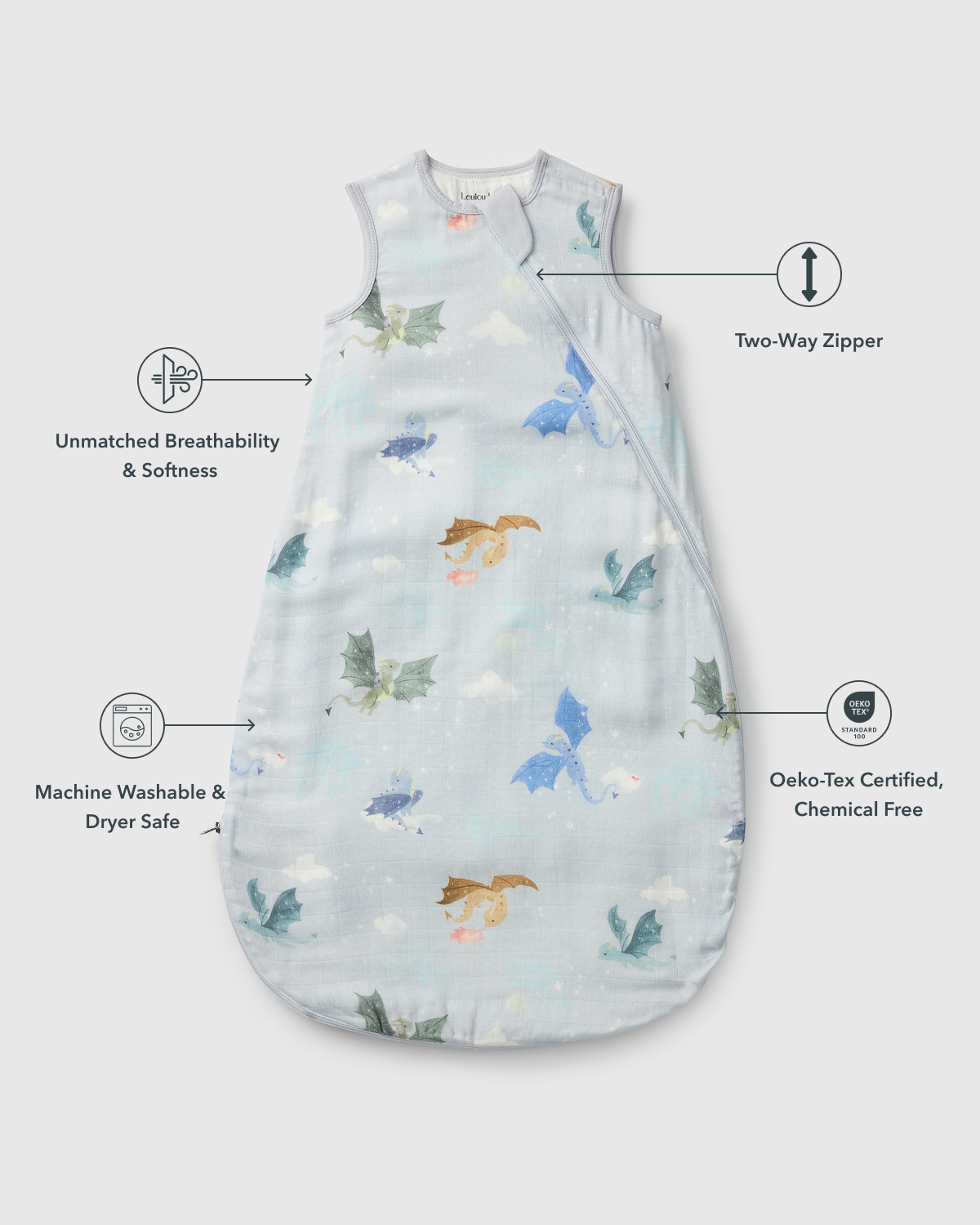 Baby Muslin Sleep Bag 0.5 TOG in Tanboocel® Bamboo Viscose - Magical Dragons
